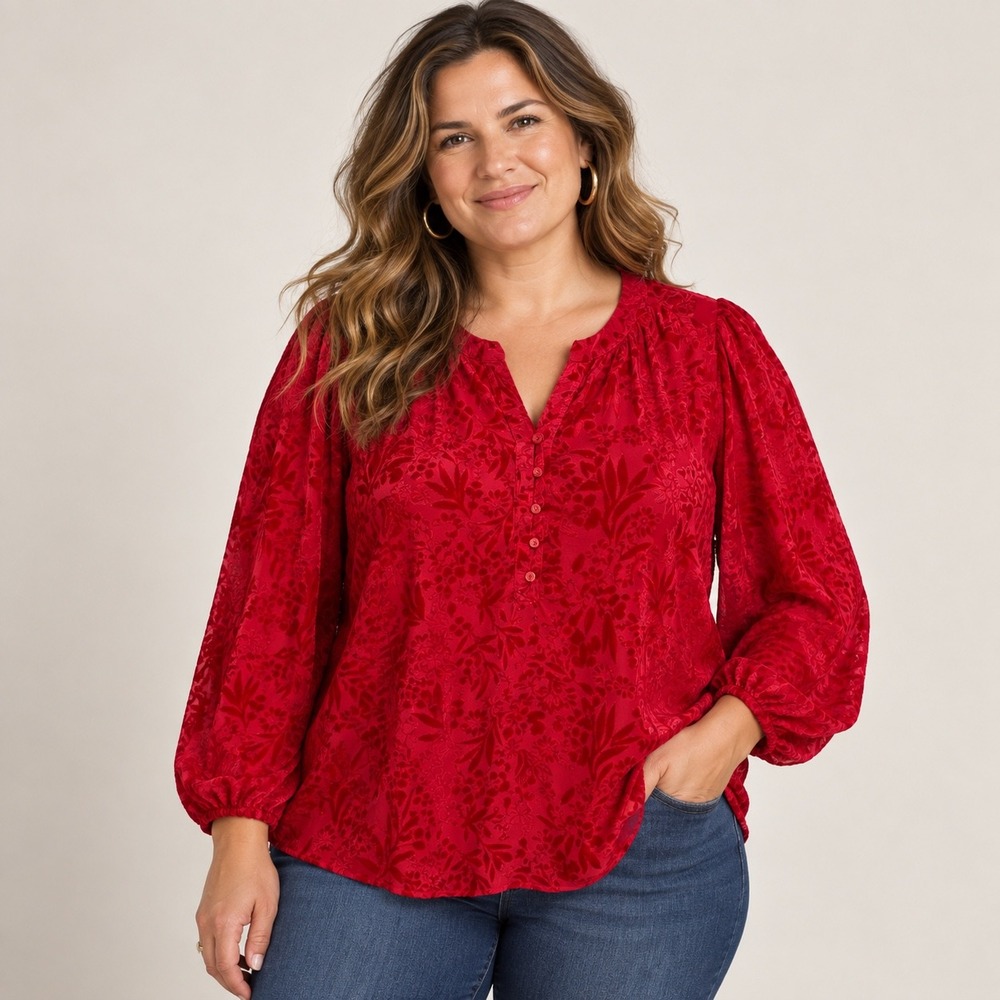 Coldwater Creek Womens Red Burnout Velvet Blouse 2X Floral‎ Henley Holiday
